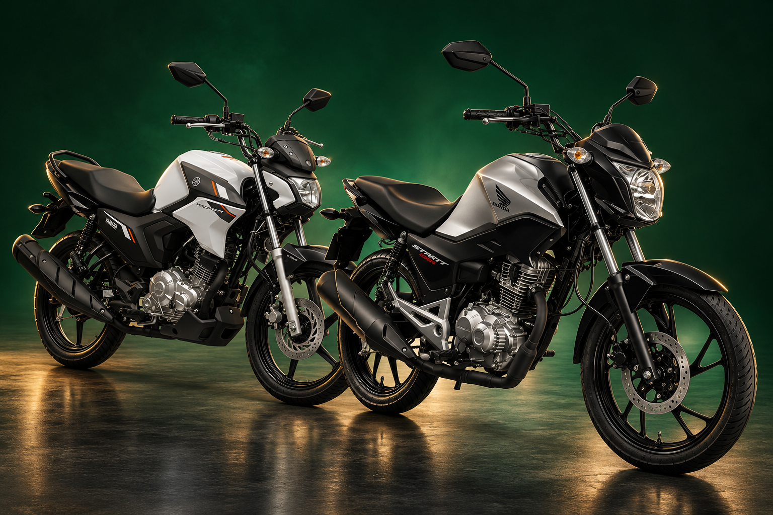 Composição ilustrativa da Yamaha Factor 150 e Honda CG 160 Start em estúdio verde com iluminação dourada